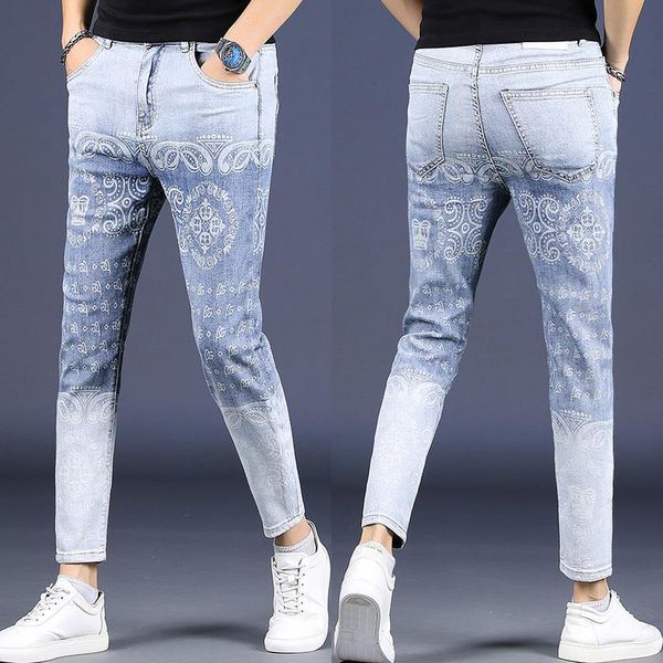 

men's jeans mens prints denim pants slim fit street fashion casual color contrast ankle length pants 220927, Blue