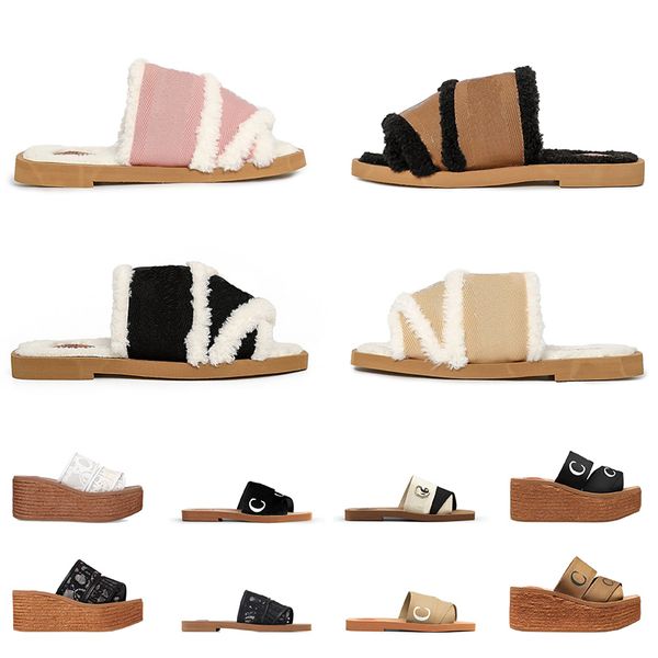 

designer 2022 woody mules slippers winter sandals luxury fur canvas shearling slides women triple black white pink fashion platform outdoor