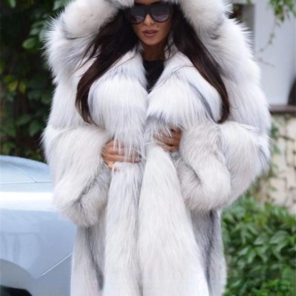 

women's fur faux winter fashion hooded coat women's mid-length loose warm jacket for woman s-xxxxl 220928, Black