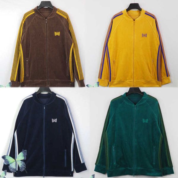 

men's jackets awge needles jacket men women striped velvet comfortable embroidery butterfly jacket zipper coat t220926, Black;brown