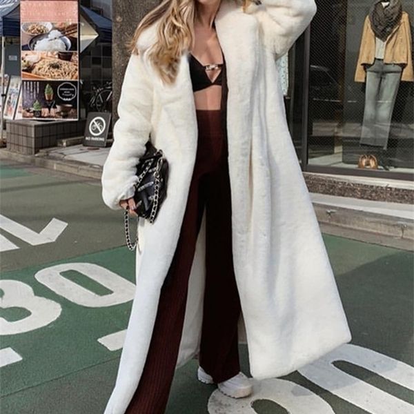 

women's fur faux lautaro winter long white fluffy warm oversized coat women with hood lapel sashes loose korean fashion outerwear 22092, Black