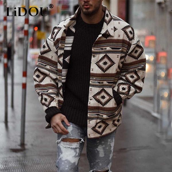 

men's jackets autumn winter print fashion geometric patterns jackets man long sleeve loose casual coats male vintage all match homme cl, Black;brown
