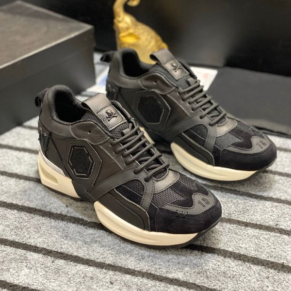 

2023 mens solid casual shoes fashion metal designer shoe runner trainers genuine skeleton genuine movement leather, Black