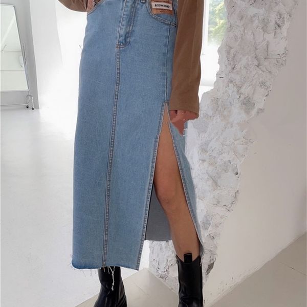 

skirts seoulish summer women's long denim vintage high wasit jeans female straight side split a-line pencil 220926, Black