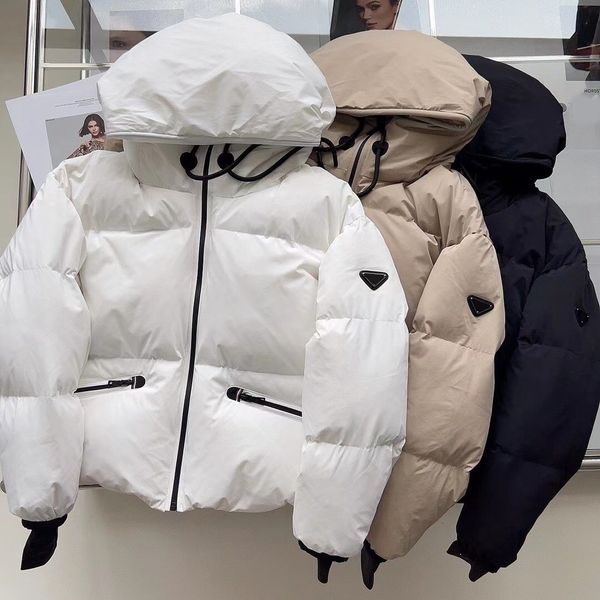 

2022 women's down designer runway new warm winter 3 color long sleeve down hooded jacket women casual triangle loose coat, Black