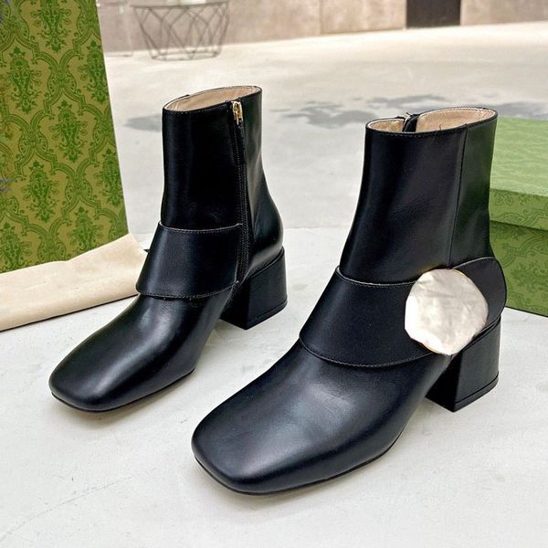 

designer leather martin boots fashion spring and autumn short boots square toe metal decoration temperament british style women's boots, Black