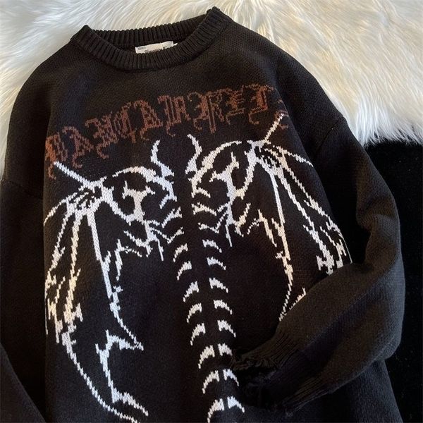 

men's sweaters hip hop streetwear knitted sweater men gothic letter bat skeleton print pullover autumn harajuku cotton sweater women 22, White;black