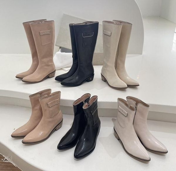 

luxury zipper boots women pocket pointed new but knee boot high western chunky heel designer ladies ankle boots, Black