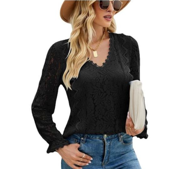 

womens' shirt solid color hollow lace long sleeve lace female, White
