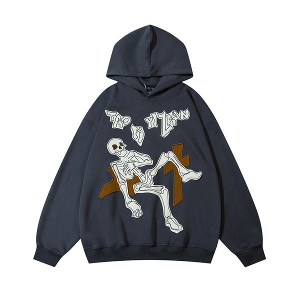 

men hoodie sweatshirt y2k hip hop embroidery skull skeleton letter hooded streetwear harajuku casual loose punk gothic pullover, Black