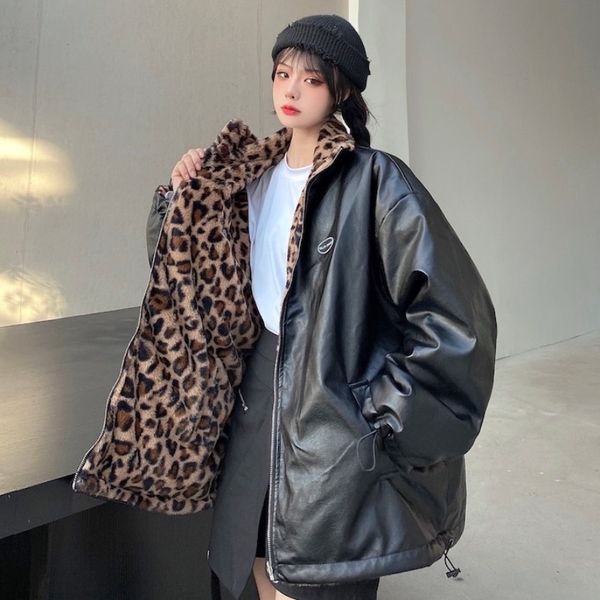 

women's leather faux leather women s jackets winter pu leather women jacket leopard print thick warm faux lamb fur lining reversible we, Black