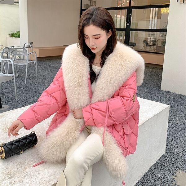 

womens fur faux sailor collar bright color down jacket coat parka midlength young fur coat for women 220927, Black