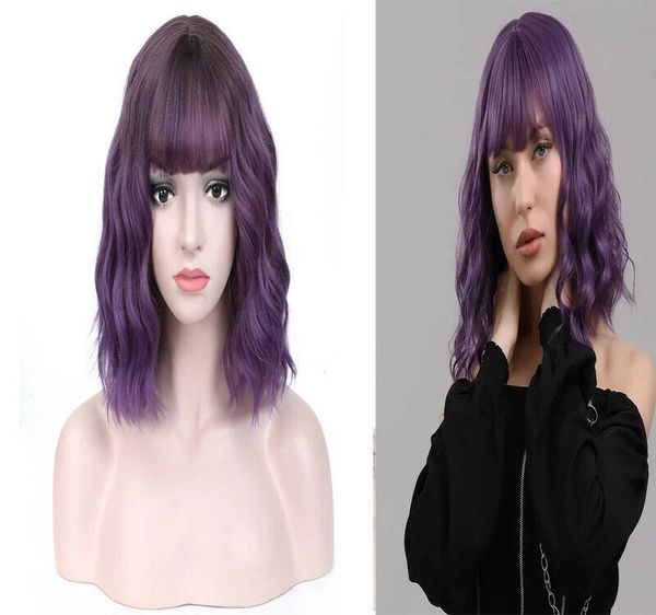

bob wig with bangs deep purple deep wave short hair synthetic shoulder length, Black