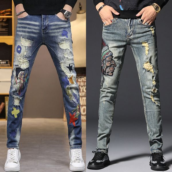 

men's jeans mens distressed beggar jeans dirty ripped denim pants embroidery hole slimming long homme 220927, Blue