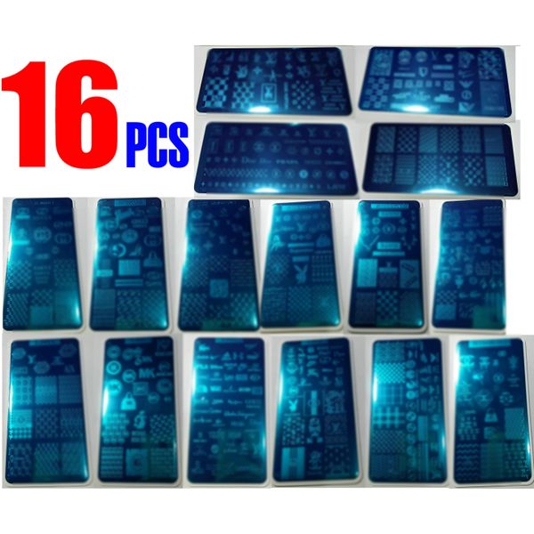 

16pcs brand logo luxury designs nail art stamping plate stamp xl big full french design image stencil transfer polish print template w/ plas, White