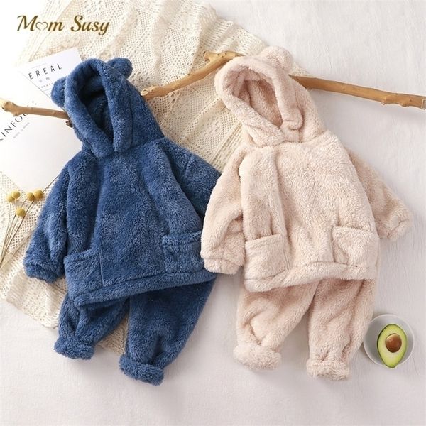 

pajamas baby boy girl clothes set flannel fleece infant toddler child warm hooded sleepwear home suit winter spring autumn 1-5y 220928, Blue;red