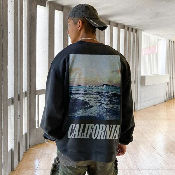 

askyurself reflective california landscape print crew neck sweatshirt plus size women's sweater men's sweaters oversized sweat shi, Black