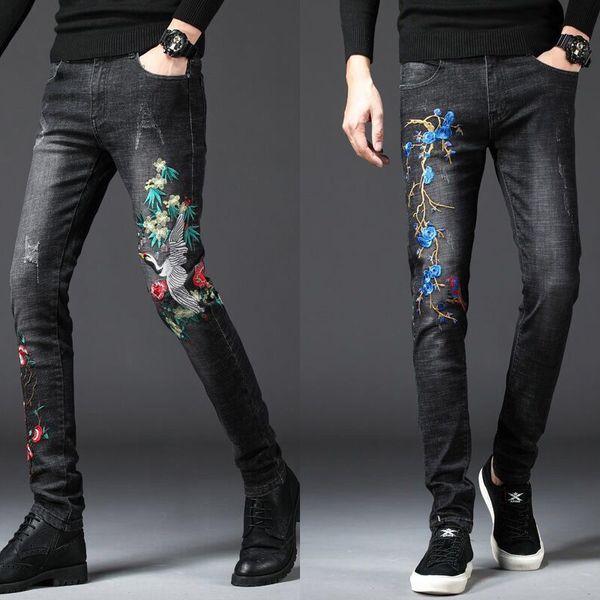 

men's jeans mens embroidery jeans slimming stretch denim pants chinese dragon black red crownedcrane casual 220927, Blue