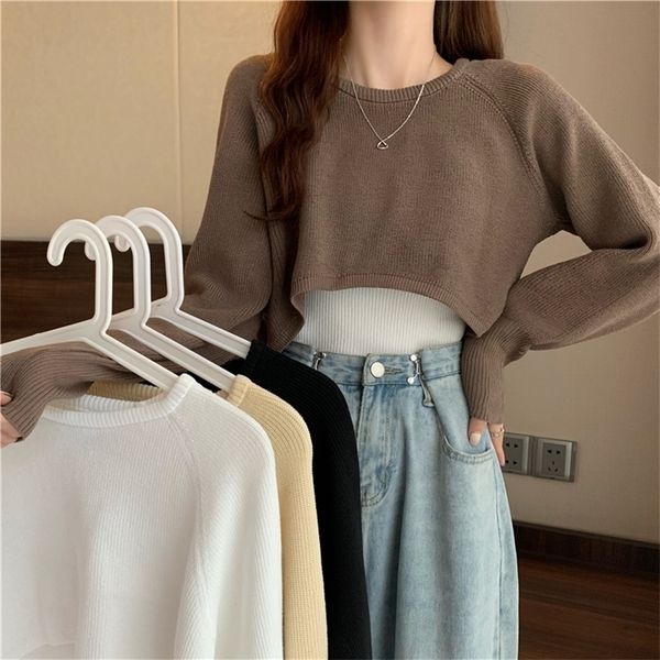 

women's sweaters autumn women solid o-neck loose pullover crop shirts femme knit outwear jumpers 220927, White;black