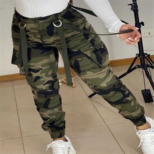 

women's pants capris women's high waist overalls camouflage printed pockets 2021 fashion military green webbing leggings autumn ou, Black;white