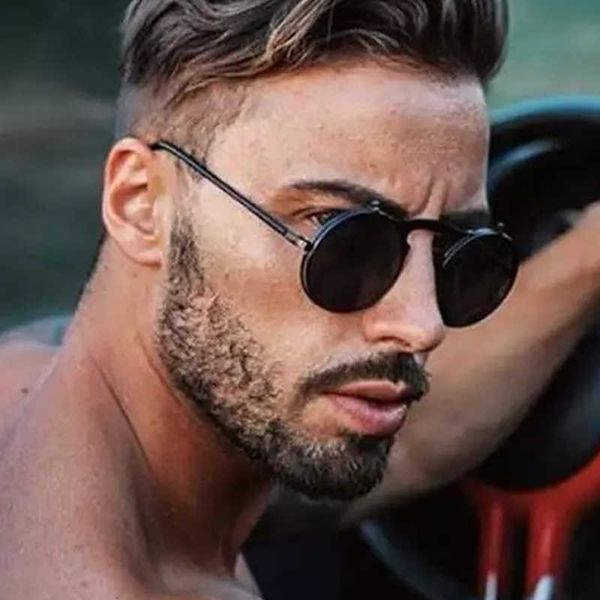 

round steampunk sunglasses men vintage flip celebrity sun glasses male driving superstar luxury brand designer metal shades 0928, White;black