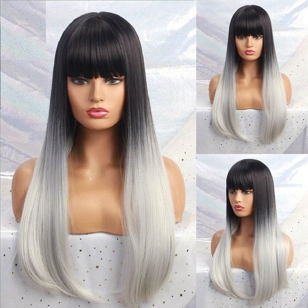 

long synthetic wig bang ombre black white natural heat resistant women fake hair wig