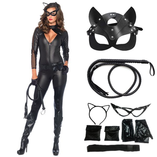 

skirt halloween costume for women cat suits jumpsuit with whip and mask leather cosplay uniform nightclub party bodysuit 220928, Red;black