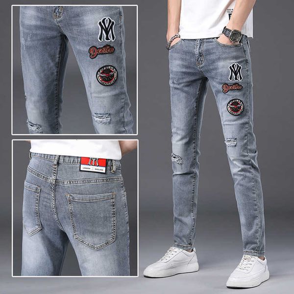 

men's jeans hong kong high-end embroidered jeans men's autumn elastic leggings pants hole fashion fwv1, Blue