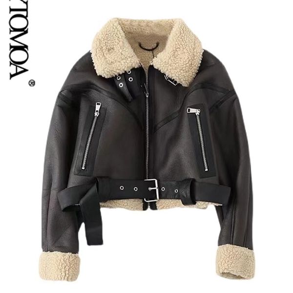 

women's fur faux kpytomoa women fashion thick warm shearling jacket coat vintage long sleeve belt hem female outerwear chic 220927, Black
