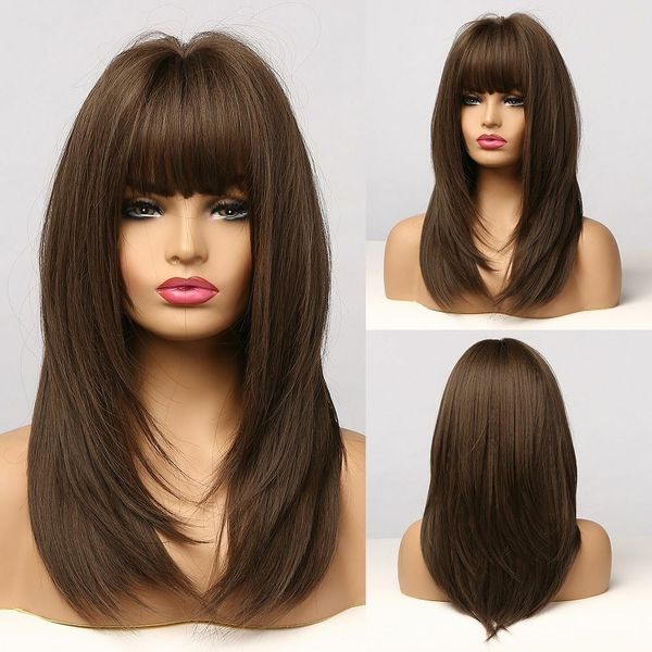 

medium wavy synthetic wigs dark brown bangs natural daily cosplay women bob hairr wig, Black