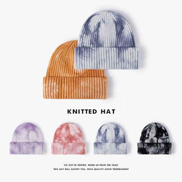 

2022 winter student couples hat fashion tie dye knit hat new outdoor warm hip hop style unisex, Blue;gray