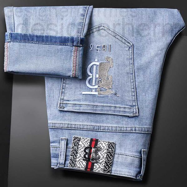

men's jeans designer european light luxury business jeans men's high-end embroidered slim leggings straight elastic casual gentlem, Blue