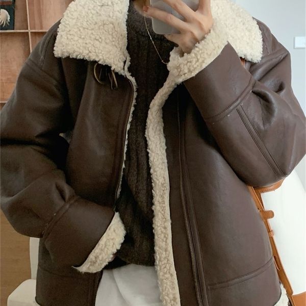 

women's fur faux yitimoky coat for women winter jacket lambswool sheepskin loose warm thicken locomotive female black pu outwear 220928