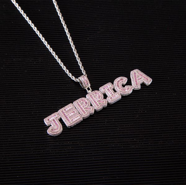 

hip hop iced out custom letter name pendant micro set pink diamond zircon crystal sugar letter number combination necklaces, Silver
