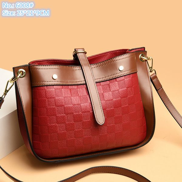 

Wholesale factory ladies shoulder bag 5 colors simple and versatile contrast handbags classic embossed leather handbag fashion check backpack, Red-6008#