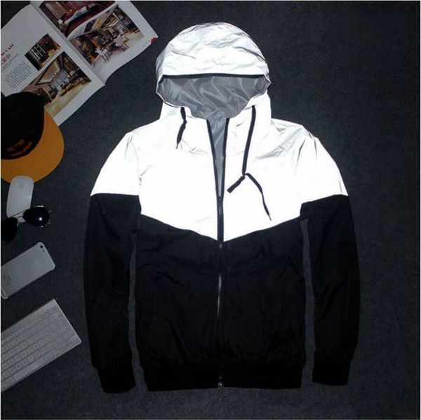 

men's jackets half reflective jacket men / women harajuku windbreaker jackets hooded hip-hop streetwear night shiny zipper coat plus si, Black;brown