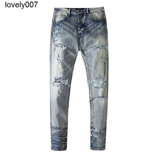 

dsigner men's jeans amirs wash water blue hole worn similar cashew nut light color loose slim fit jeans men's women's fashion