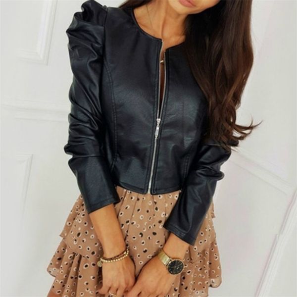 

women's leather faux leather fashion pu leather coats jackets women ruched long sleeve slim zipper outwear female ladies office lady s, Black