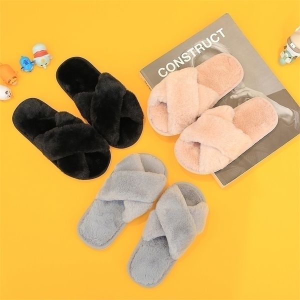 

slippers winter solid indoor children fur lightweight nonslip home kids plush shoes boys girls cross band fluffy slides 220926, Black