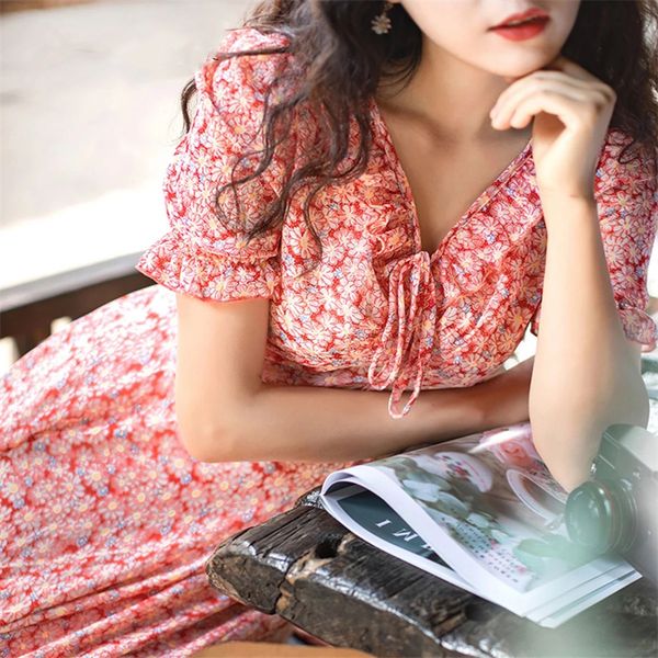 

womens summer elegant red floral print chiffon dress female v-neck ruffles french style sweet lady long dresses, Black;gray