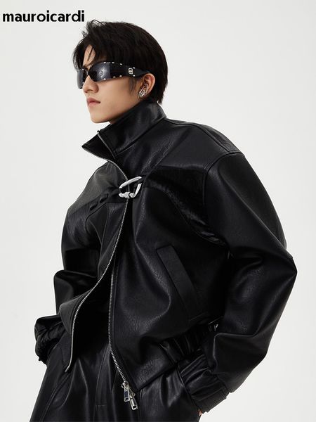 

men's leather faux leather mauroicardi spring autumn short black oversized shiny reflective patent leather jacket men zip up designer y