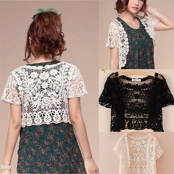 

women's vests lace white/black bridal summer women short sleeve shrug bolero wedding jacket elegant cape 220928, Black;white