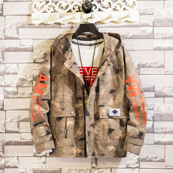 

men's jackets spring and autumn plus size men's black and white camouflage jacket hooded tooling trend all-match casual loose t220, Black;brown