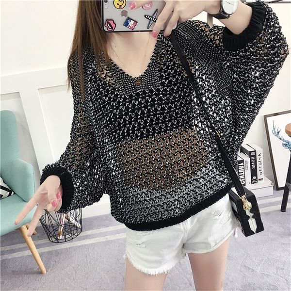 

women's sweaters casual loose korean style women hollow o-neck long sleeve jumper ladies pullover female knit sweater 220926, White;black