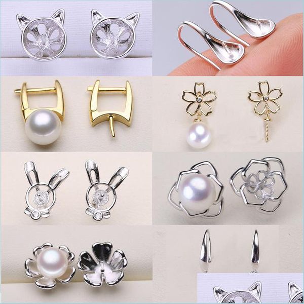 

jewelry settings pearl stud earrings 100% s925 sterling sier setting diy earring for women girl wedding jewelry gift wholesale drop d dhdfl, Slivery;crystal