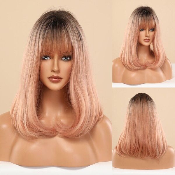

synthetic long dark root wig ombre pink bangs cosplay natural women party hair, Black