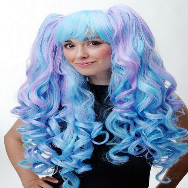 

3-teilig wig braids removable cosplay long curly blue purple mix wig, Black