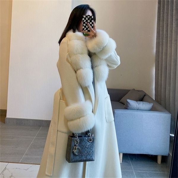 

womens fur faux furyoume winter women xlong cashmere wool blends real coat luxury jacket belt natural collar cuffs streetwear 220926, Black