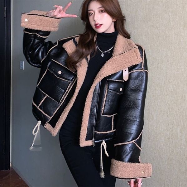 

women's leather faux korean lamb fur loose short padded pu tooling cotton jacket female warm parkas black winter sheepskin coat 220928