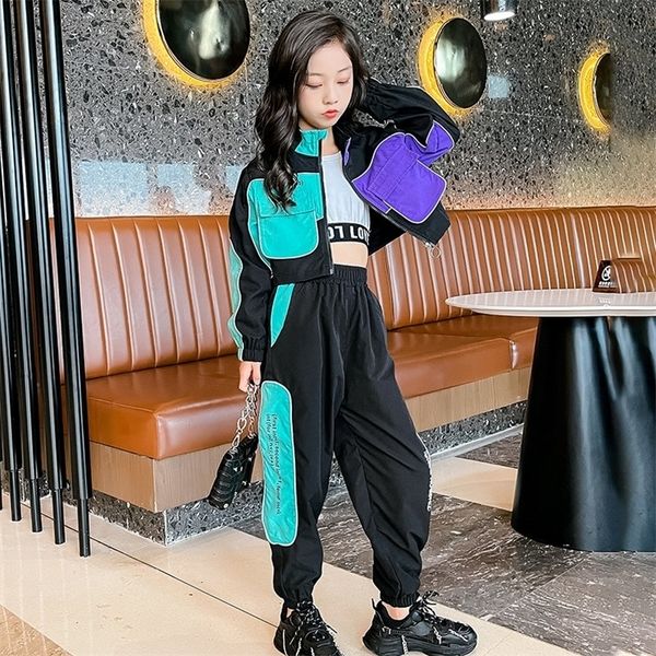 

clothing sets teenage girls fashion patchwork color clothes streetwear tracksuit jacketpants 2pcs reflective outfits kids 8 9 10 11 12 13 14, White